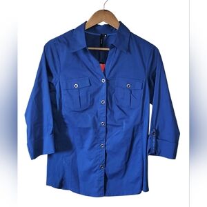 Cathy Daniels Royal Blue Roll Tab Sleeve Shirt Womens Medium Stretch Side Panels